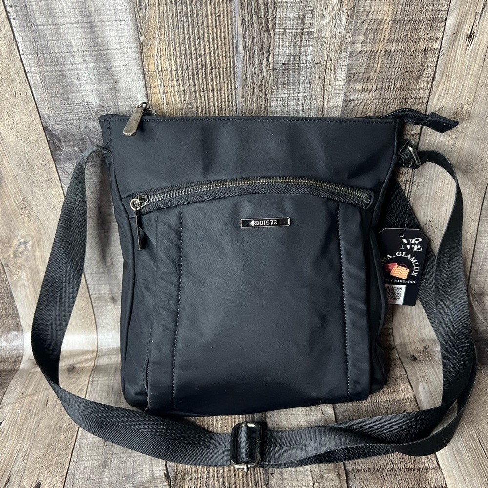 ROOTS 73 Black Adjustable Messenger Crossbody  Nylon Zip Top Pocket Shoulder Bag - Picture 5 of 12